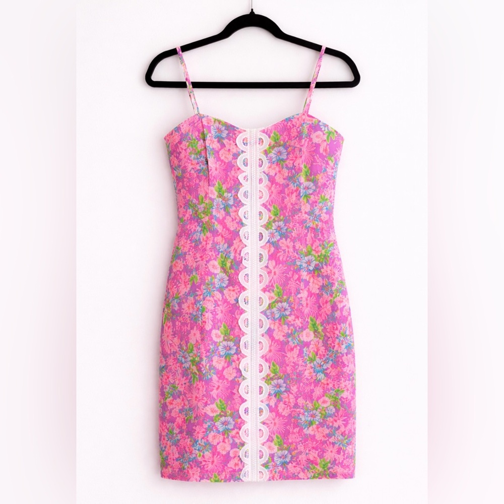 Lilly Pulitzer Pink Floral Spaghetti Strap Mini Dress with White Lace